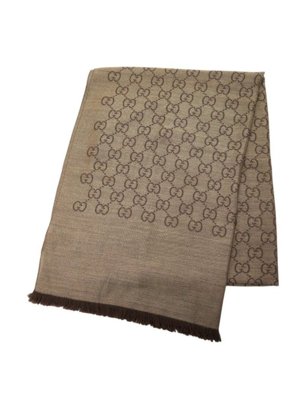 Gucci GG Logo Jacquard Shawl Brown Beige Wool Silk Scarf